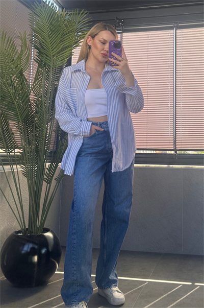 Açık Mavi Tek Cepli Çizgili Oversize Modal Keten Gömlek