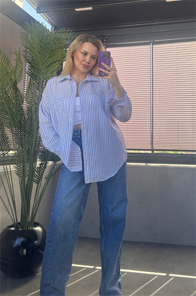 Açık Mavi Tek Cepli Çizgili Oversize Modal Keten Gömlek