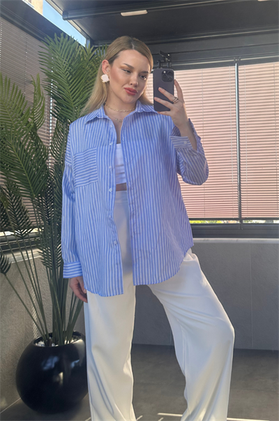 Açık Mavi Tek Cepli Çizgili Oversize Modal Gömlek