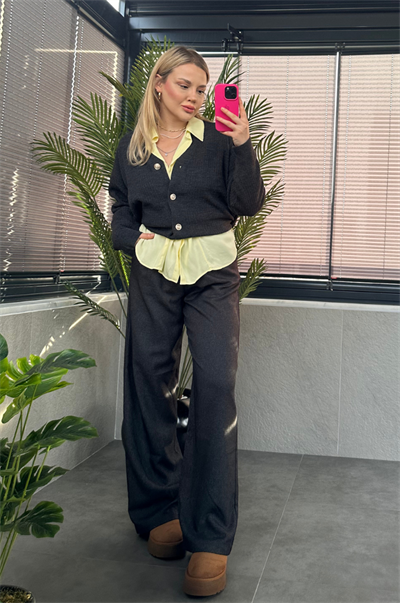 Antrasit Gri Fitilli Oversize Basic Örme Hırka