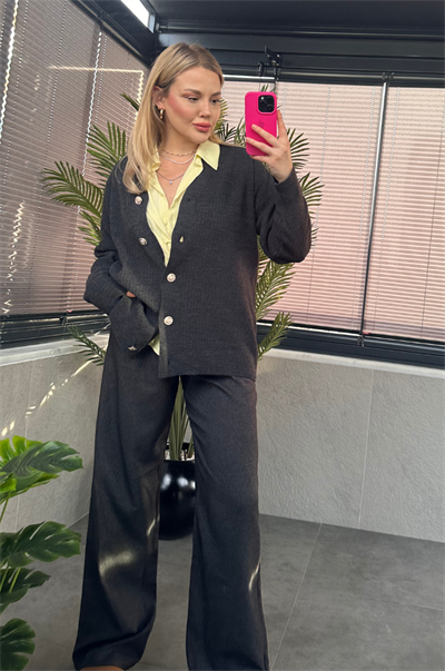 Antrasit Gri Fitilli Oversize Basic Örme Hırka