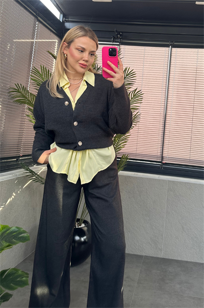 Antrasit Gri Fitilli Oversize Basic Örme Hırka