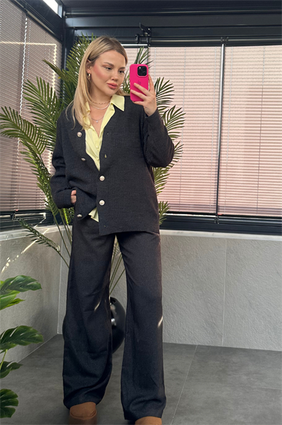 Antrasit Gri Fitilli Oversize Basic Örme Hırka