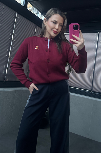 Ayıcık Detaylı Bordo Kısa Triko Hırka