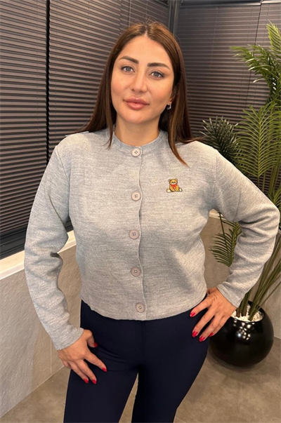 Ayıcık Detaylı Gri Kısa Triko Hırka