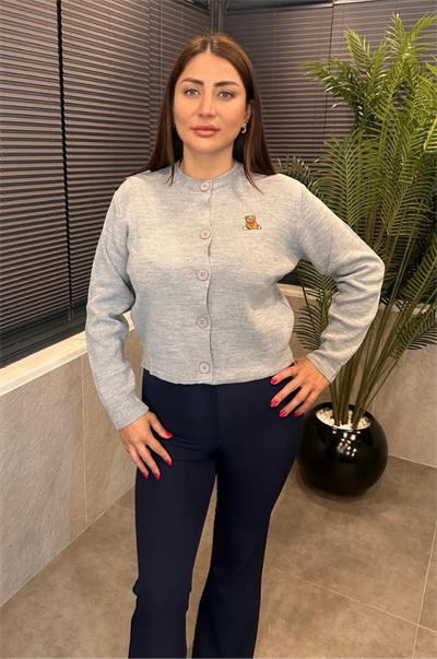Ayıcık Detaylı Gri Kısa Triko Hırka
