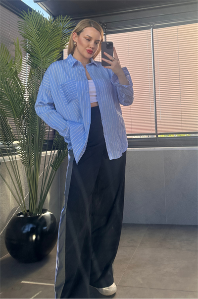 Bebe Mavisi Tek Cepli Çizgili Oversize Modal Gömlek