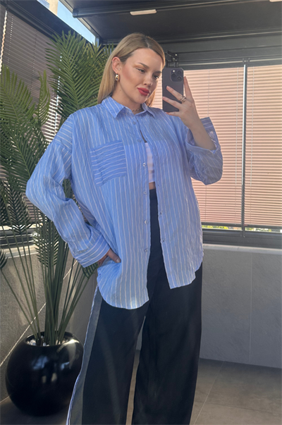 Bebe Mavisi Tek Cepli Çizgili Oversize Modal Gömlek