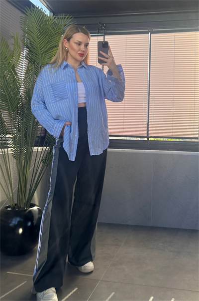 Bebe Mavisi Tek Cepli Çizgili Oversize Modal Gömlek
