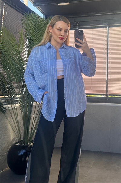 Bebe Mavisi Tek Cepli Çizgili Oversize Modal Gömlek