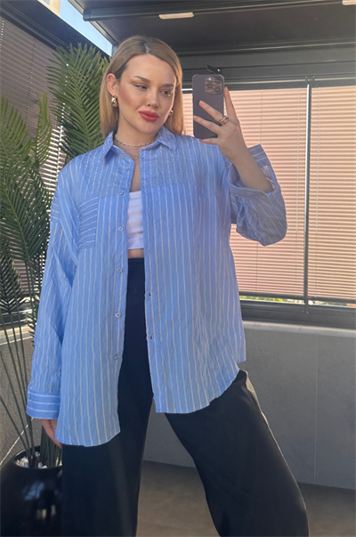 Bebe Mavisi Tek Cepli Çizgili Oversize Modal Gömlek