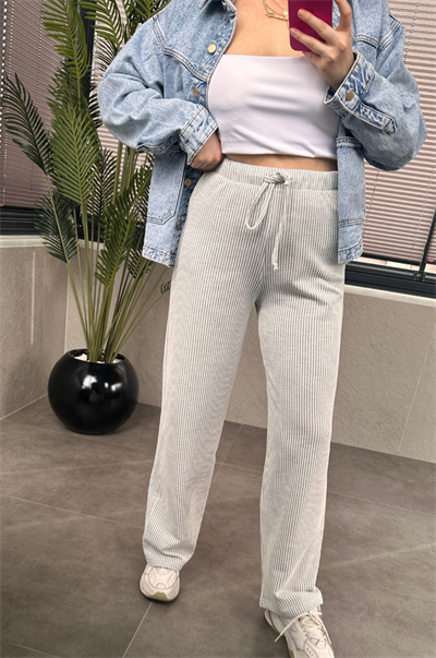Beyaz Çizgili Marka Model Keten Karışımlı Pantolon