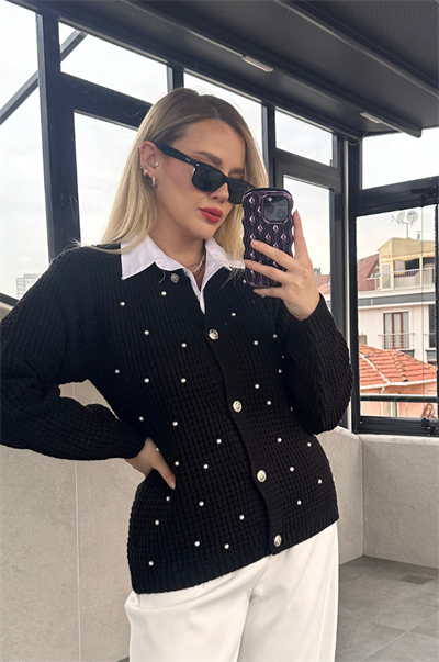 Bisiklet Yaka İnci Detaylı Siyah Örme Hırka