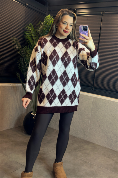 Bordo Baklava Desenli Uzun Yumoş Kazak