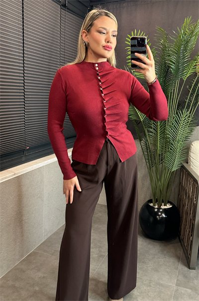 Bordo Büzgü Detaylı Triko Hırka