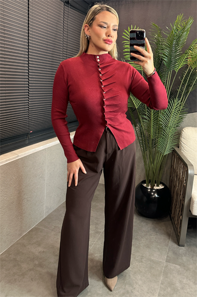 Bordo Büzgü Detaylı Triko Hırka