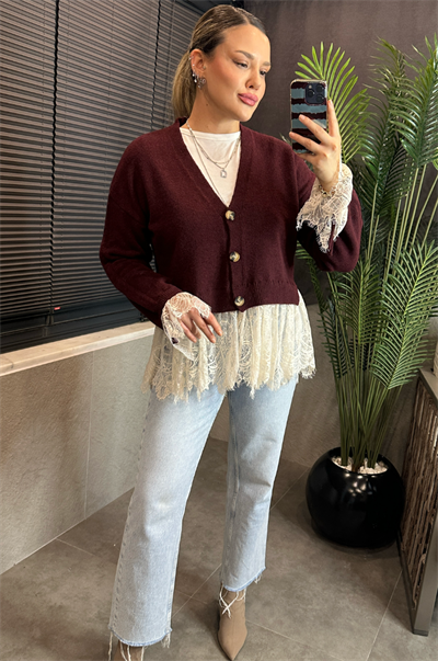 Bordo Dantel Detaylı Büzgü Kollu Triko Hırka 