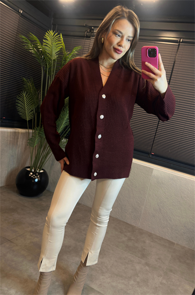 Bordo Fitilli Oversize Basic Örme Hırka
