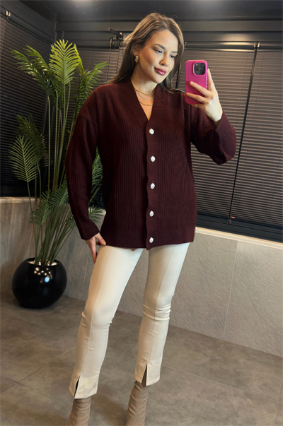 Bordo Fitilli Oversize Basic Örme Hırka