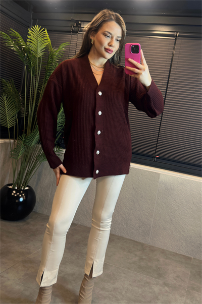 Bordo Fitilli Oversize Basic Örme Hırka