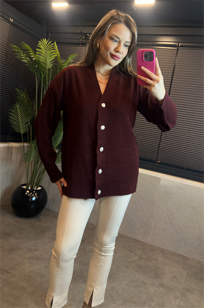Bordo Fitilli Oversize Basic Örme Hırka