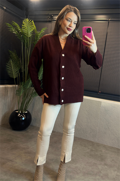 Bordo Fitilli Oversize Basic Örme Hırka
