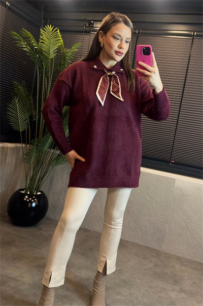 Bordo Fular Detaylı Oversize Yumoş Kazak