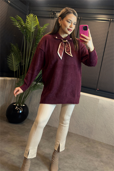 Bordo Fular Detaylı Oversize Yumoş Kazak
