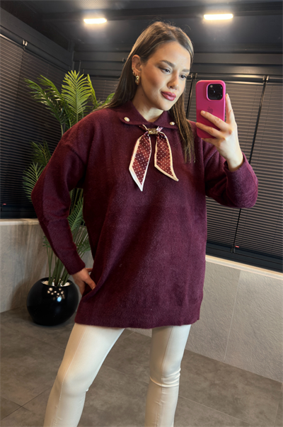 Bordo Fular Detaylı Oversize Yumoş Kazak