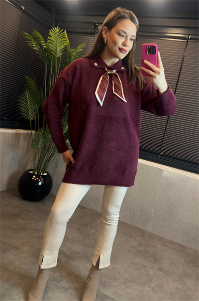 Bordo Fular Detaylı Oversize Yumoş Kazak