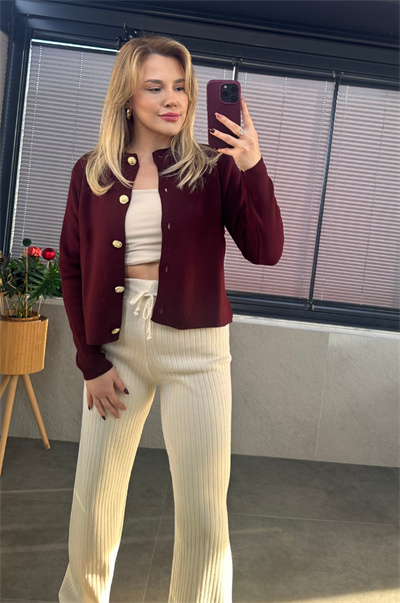 Bordo Gold Düğmeli Hırka