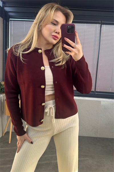 Bordo Gold Düğmeli Hırka