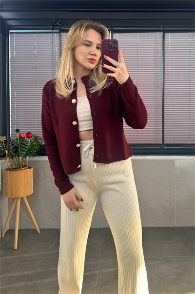 Bordo Gold Düğmeli Hırka