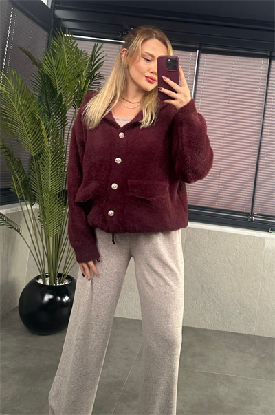 Bordo Kapüşonlu Cep Detaylı Peluş Hırka