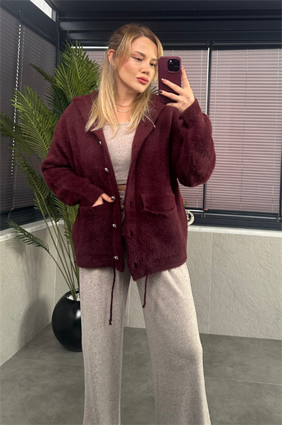 Bordo Kapüşonlu Cep Detaylı Peluş Hırka