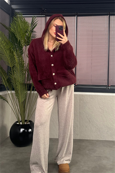 Bordo Kapüşonlu Cep Detaylı Peluş Hırka