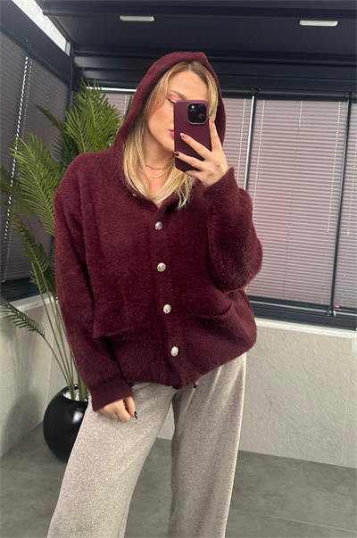Bordo Kapüşonlu Cep Detaylı Peluş Hırka