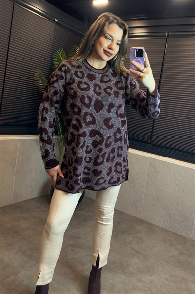 Bordo Leopar Desenli Simli Kazak