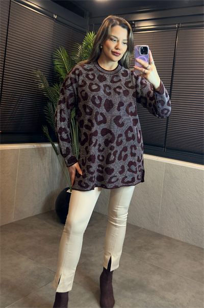 Bordo Leopar Desenli Simli Kazak
