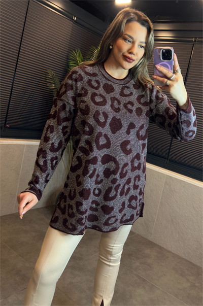 Bordo Leopar Desenli Simli Kazak