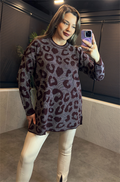 Bordo Leopar Desenli Simli Kazak