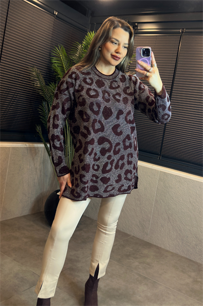 Bordo Leopar Desenli Simli Kazak