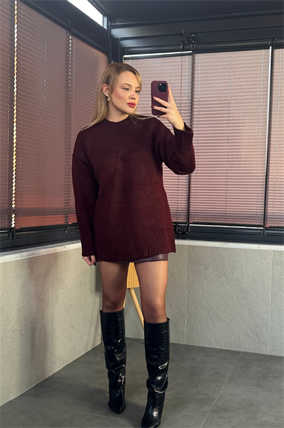 Bordo Oversize Bisiklet Yaka Yumoş Uzun Kazak