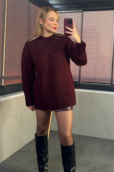 Bordo Oversize Bisiklet Yaka Yumoş Uzun Kazak