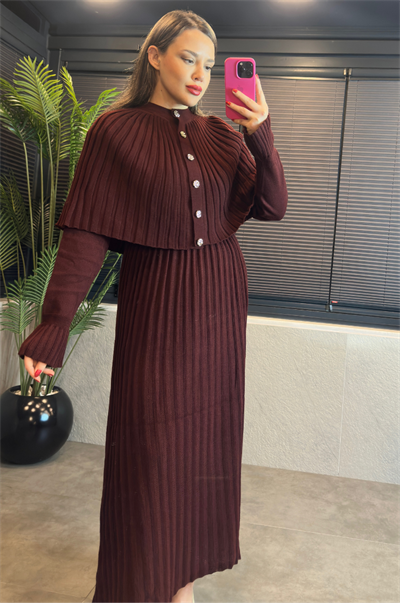 Bordo Pelerin Detaylı Piliseli Triko Elbise (2li Set)