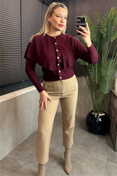 Bordo Pelerin Detaylı Triko Hırka