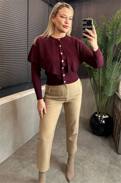 Bordo Pelerin Detaylı Triko Hırka