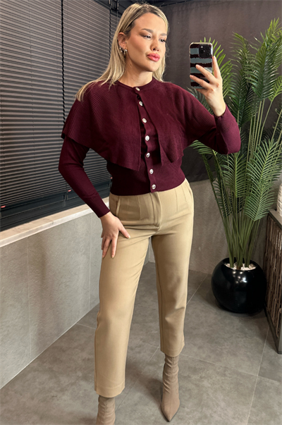 Bordo Pelerin Detaylı Triko Hırka