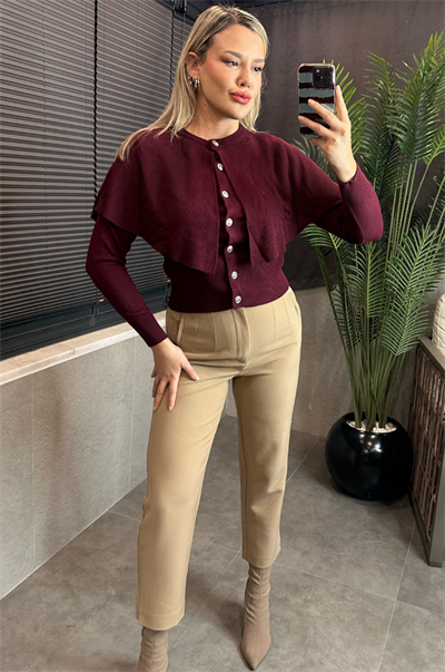 Bordo Pelerin Detaylı Triko Hırka