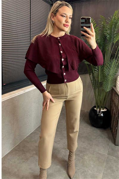 Bordo Pelerin Detaylı Triko Hırka